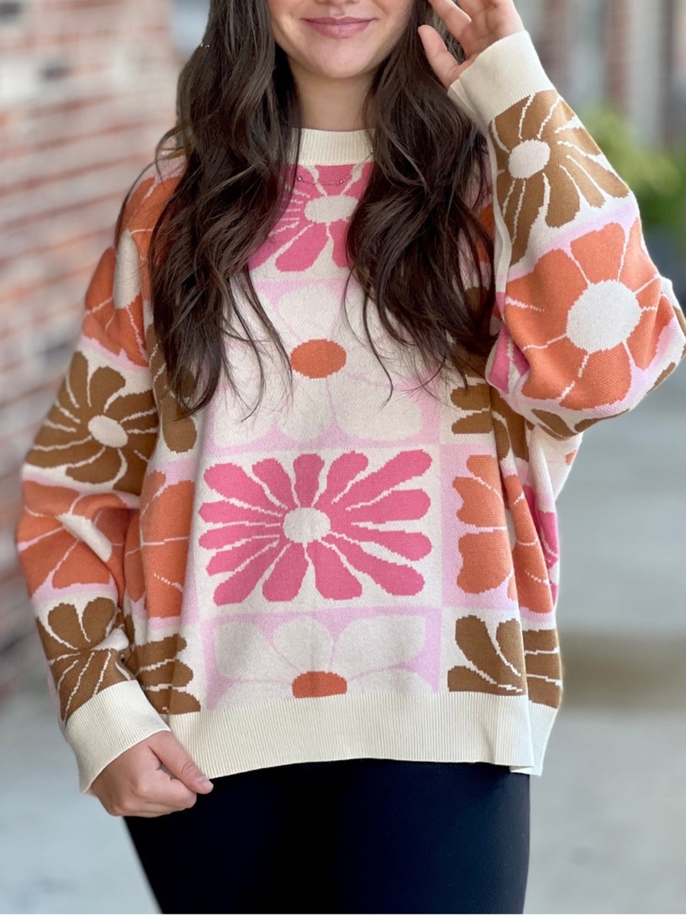 Floral Block Print Crewneck Sweater - Pink/Cream